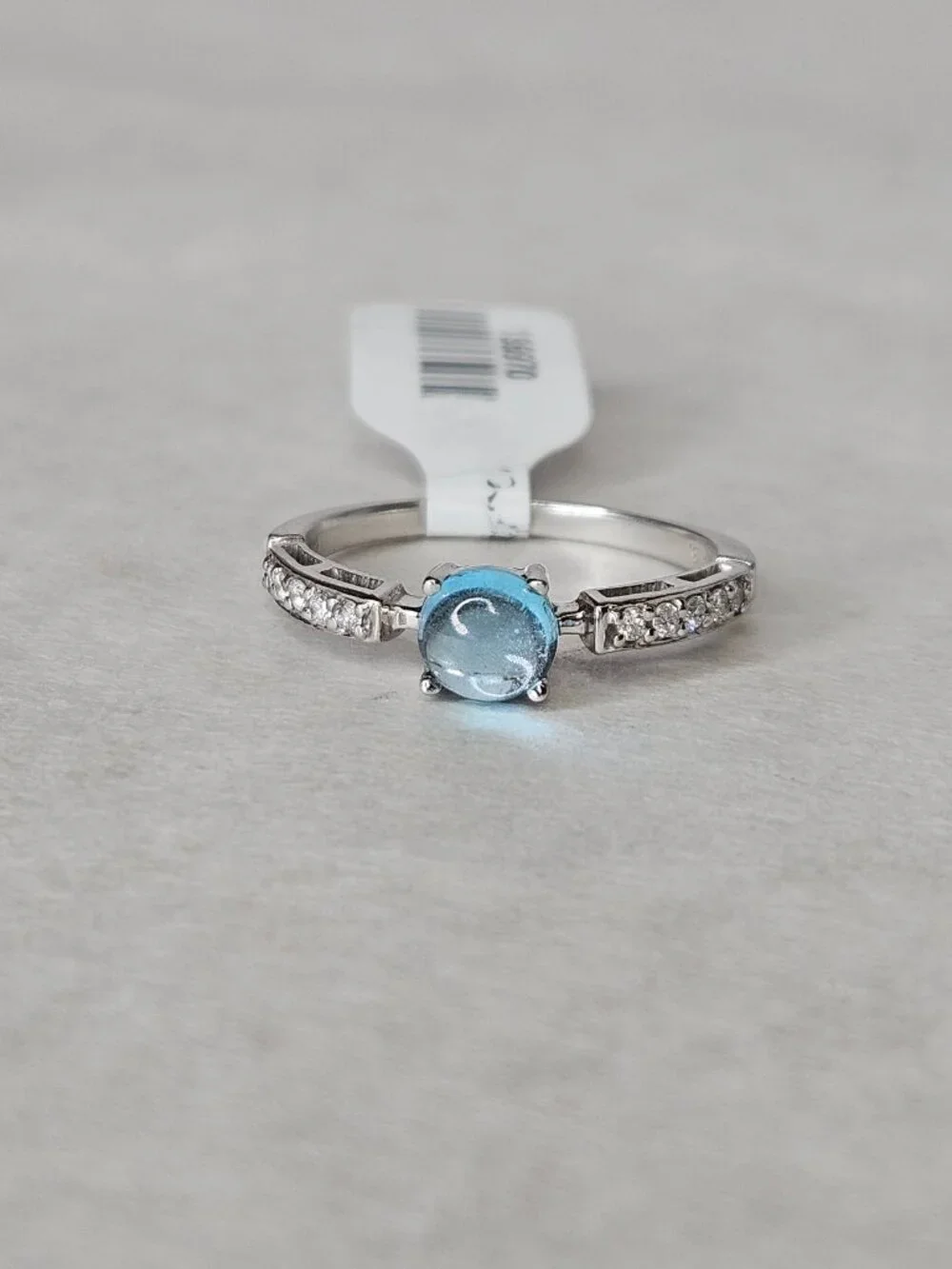 Sonia B 14K White Gold Cabochon Blue Topaz 5mm & Diamond Ring Band Size 9